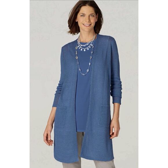 J Jill Womens Light & Long Linen Blend Open Front Cardigan - Blue, Size S - Picture 1 of 9